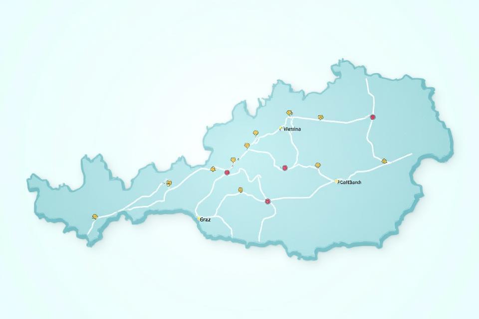 Stylized map of Austria highlighting major road networks with key cities and regions
