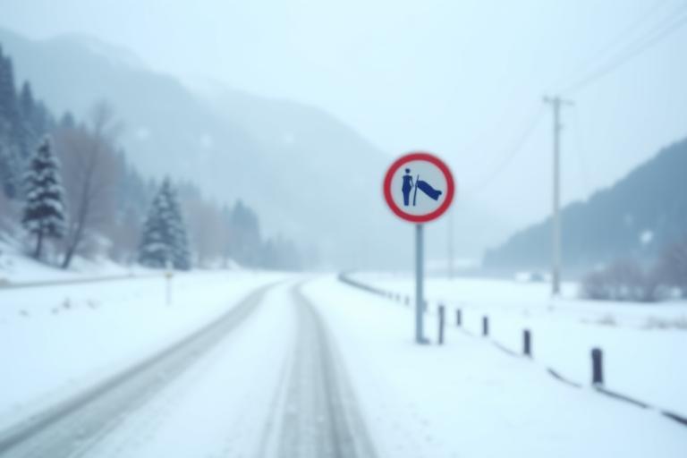 Road sign displaying winter tire requirements in Austria against a backdrop of snowy roads