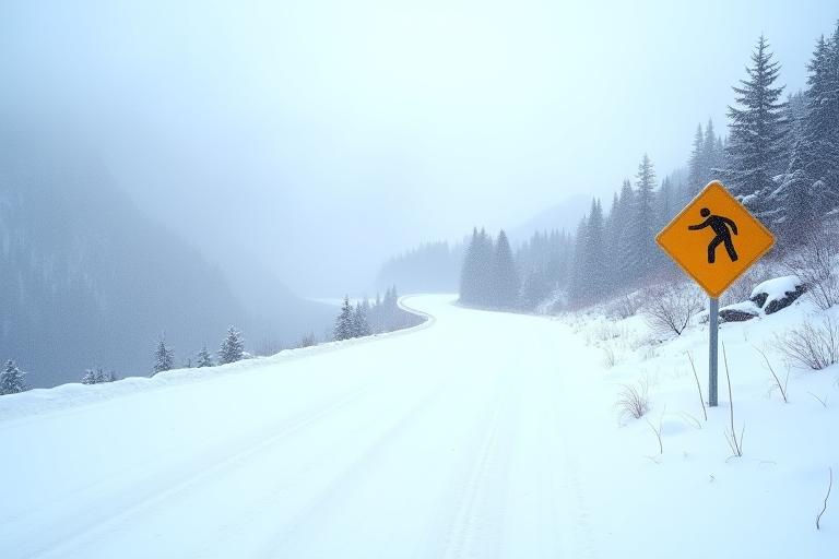 Snowy mountain road in Austria with clear signs, indicating seasonal travel information
